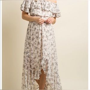 Pinkblush Cream Floral Off the Shoulder RuffleSlit Hi-low Maternity Dress Size M